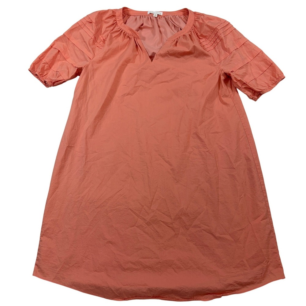 Anna Cate Coral Pink 100% Cotton V-Neck Shift Dress Pleated Puff Sleeve Large